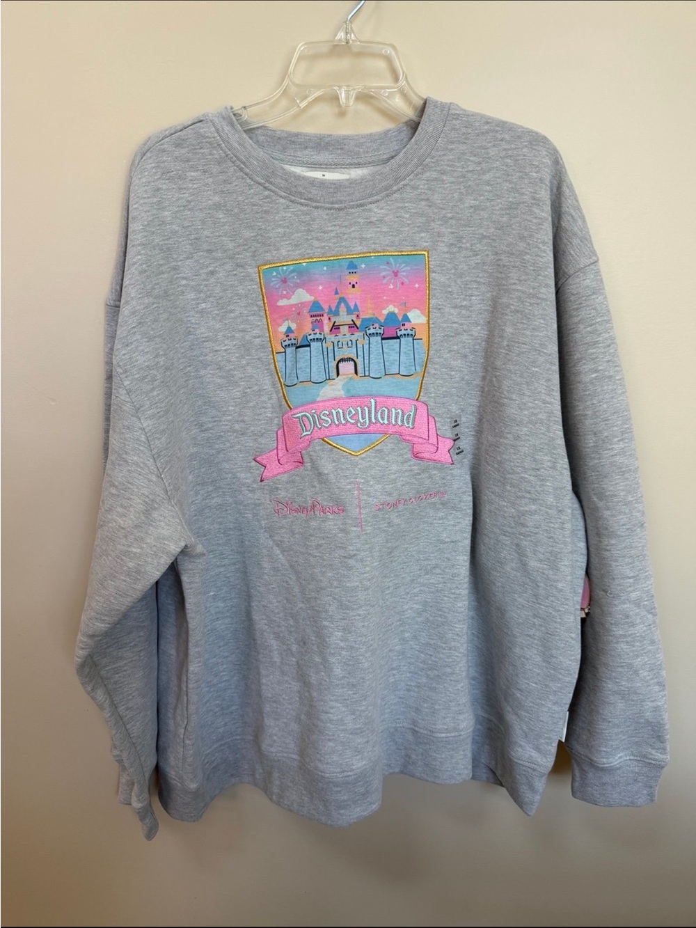 Stoney Clover Lane Gray Crewneck Sweatshirt with Pink & Blue Disneyland Crest